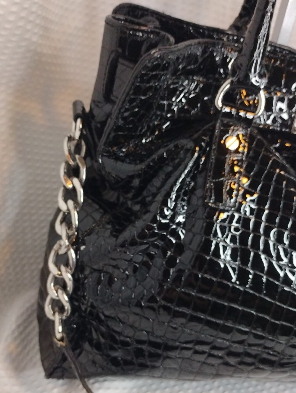 Michael Michael Kors Hamilton Black Croc-Embossed Patent Leather Tote Bag - Picture 5 of 16